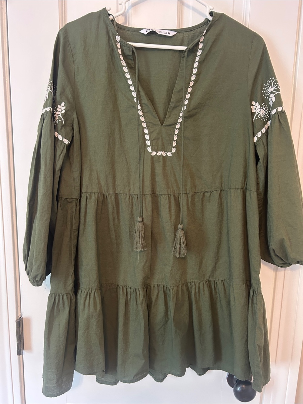 Zara Olive Green Tiered Embroidered Mini Dress